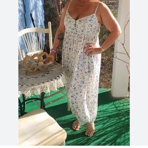 Anthropologie Cream Floral Spaghetti-Strap Jumpsuit